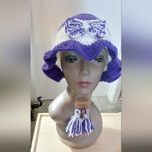 Purple and White Crochet Hat with Bow